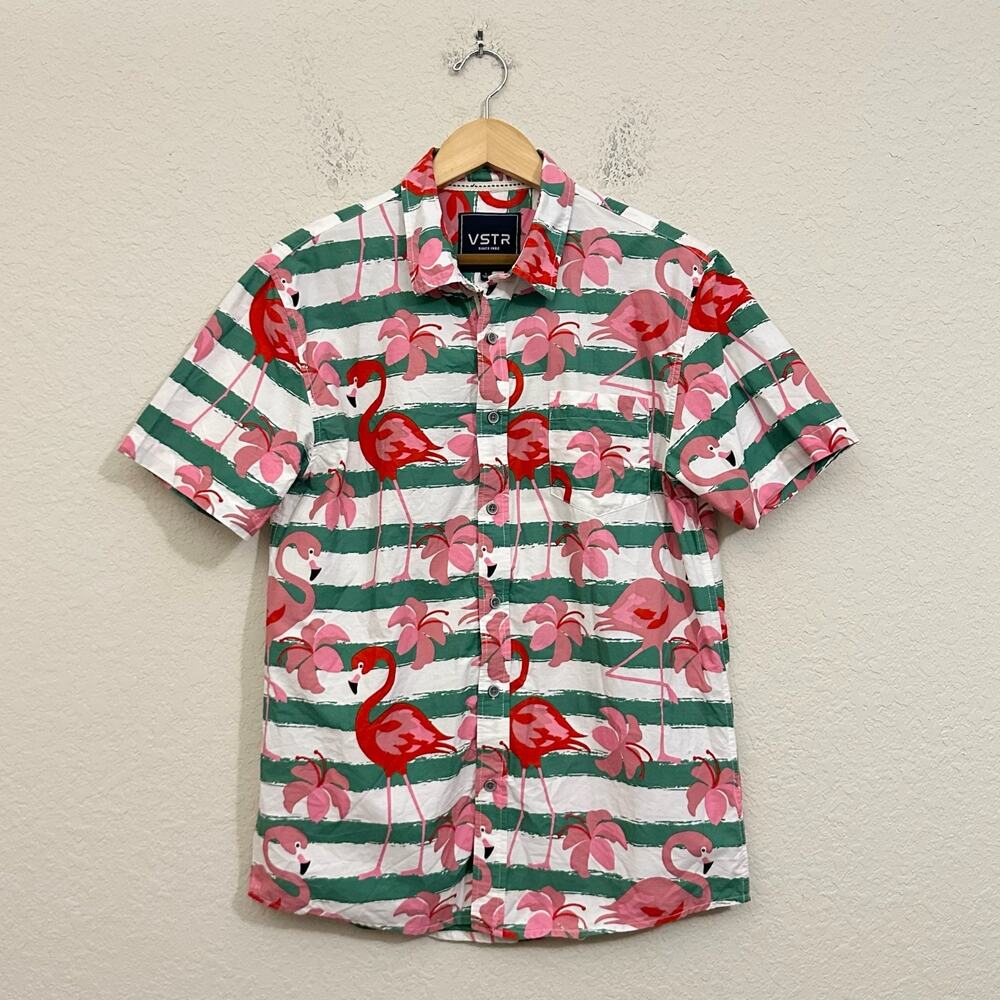 VSTR Shirt Pink Green Flamingo Floral Button Up SS Hawaiian Tropical